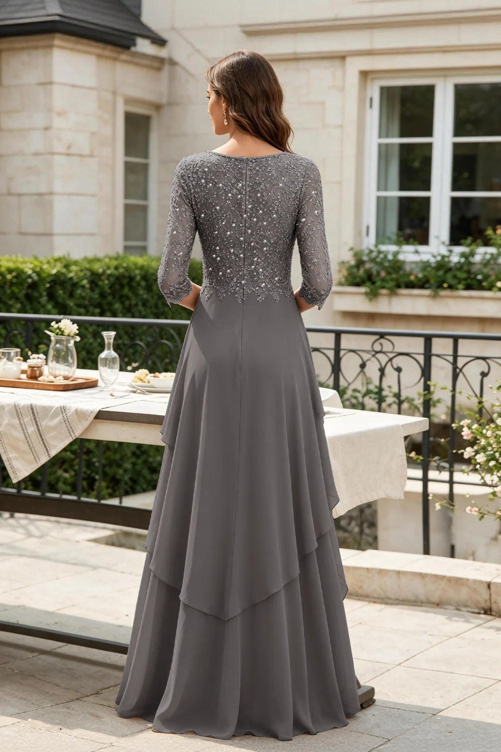 Gray Sequin Lace Bodice Three-Quarter Sleeve Tiered Ruffle Chiffon Floor-Length Dress