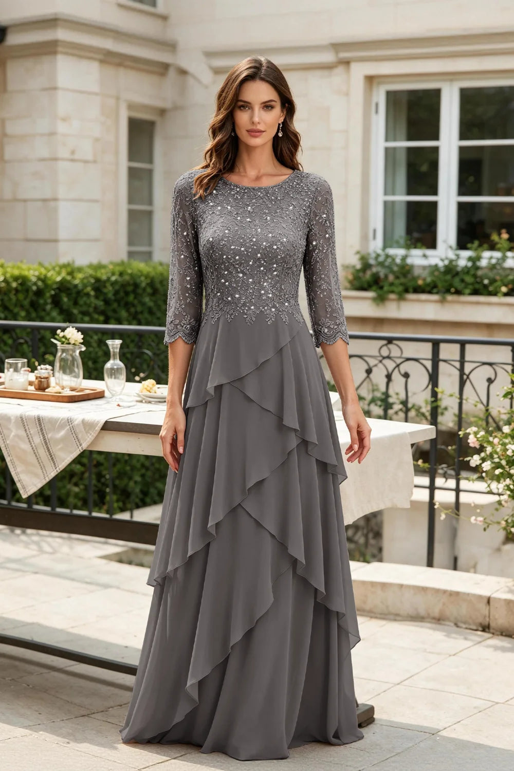 Gray Sequin Lace Bodice Three-Quarter Sleeve Tiered Ruffle Chiffon Floor-Length Dress