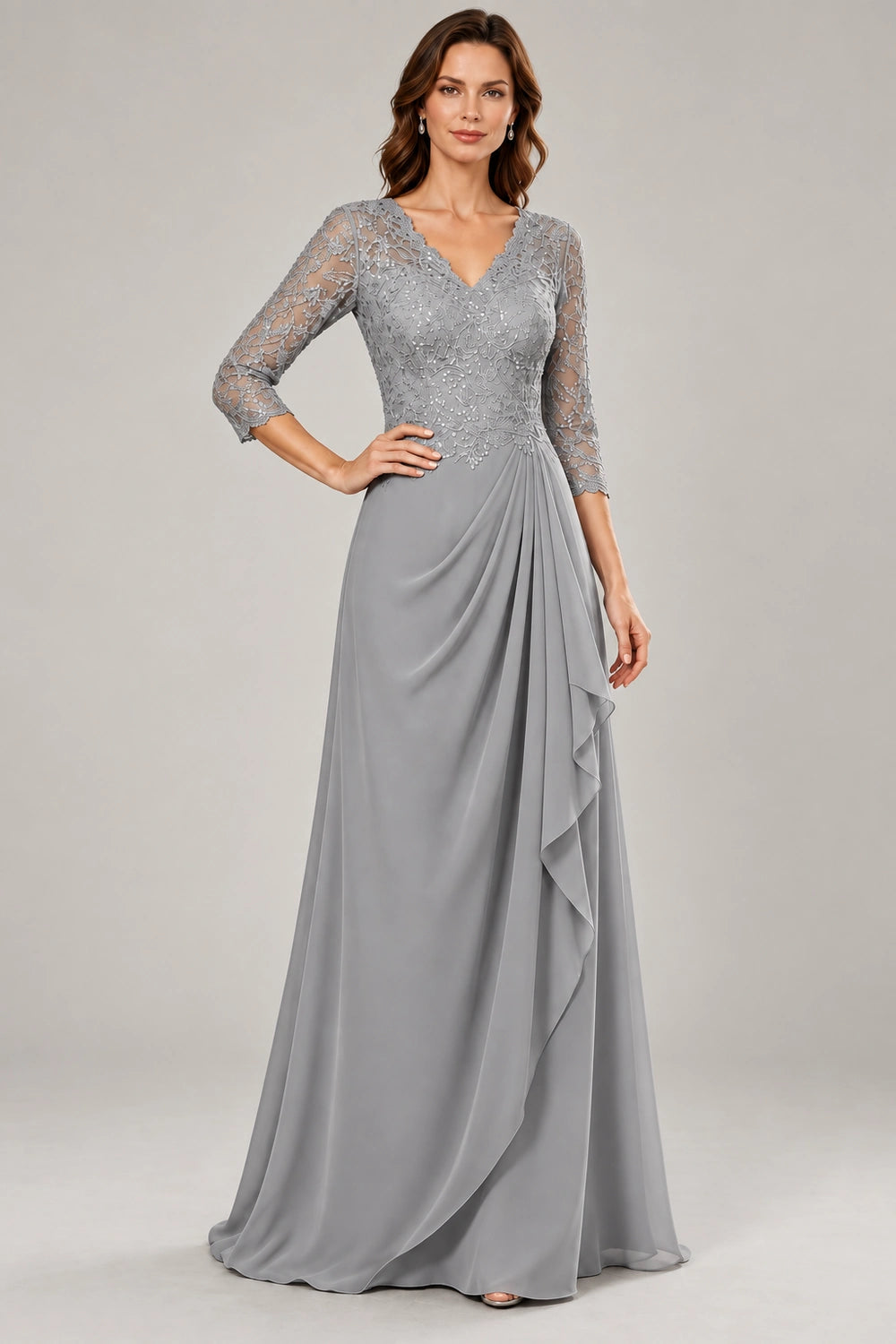 Lace Three-Quarter Sleeve Draped Cascade Chiffon Floor-Length Dress