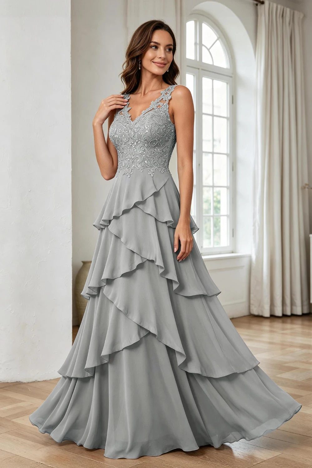 Silver Gray Lace Sleeveless Tiered Chiffon Floor-Length Dress