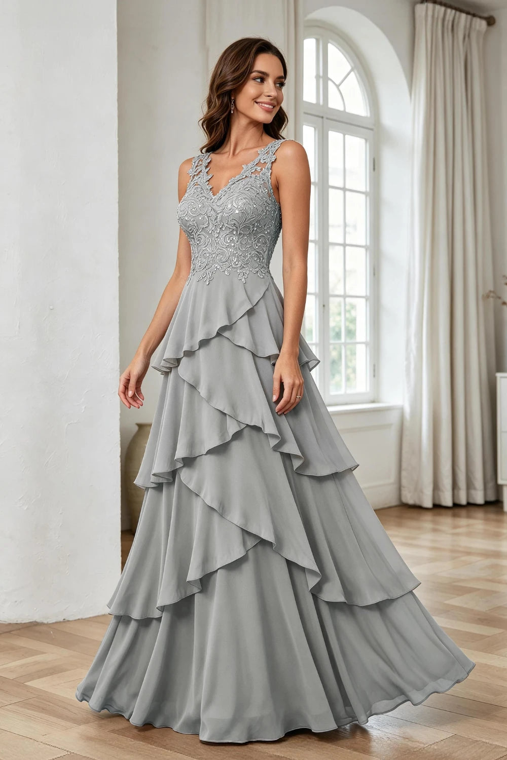 Silver Gray Lace Sleeveless Tiered Chiffon Floor-Length Dress