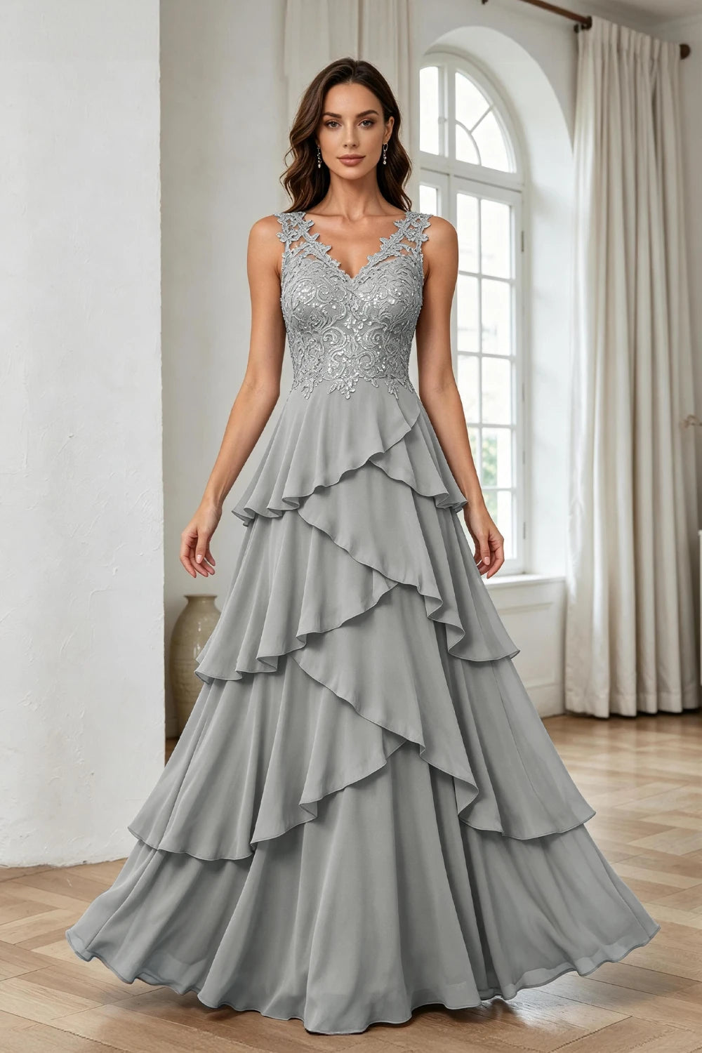 Silver Gray Lace Sleeveless Tiered Chiffon Floor-Length Dress
