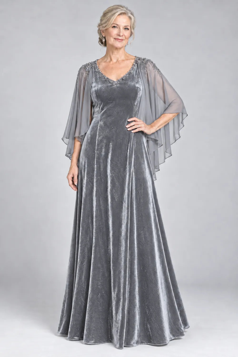 Silver Gray dress with beaded v-neck and layered cascading cape, front view.