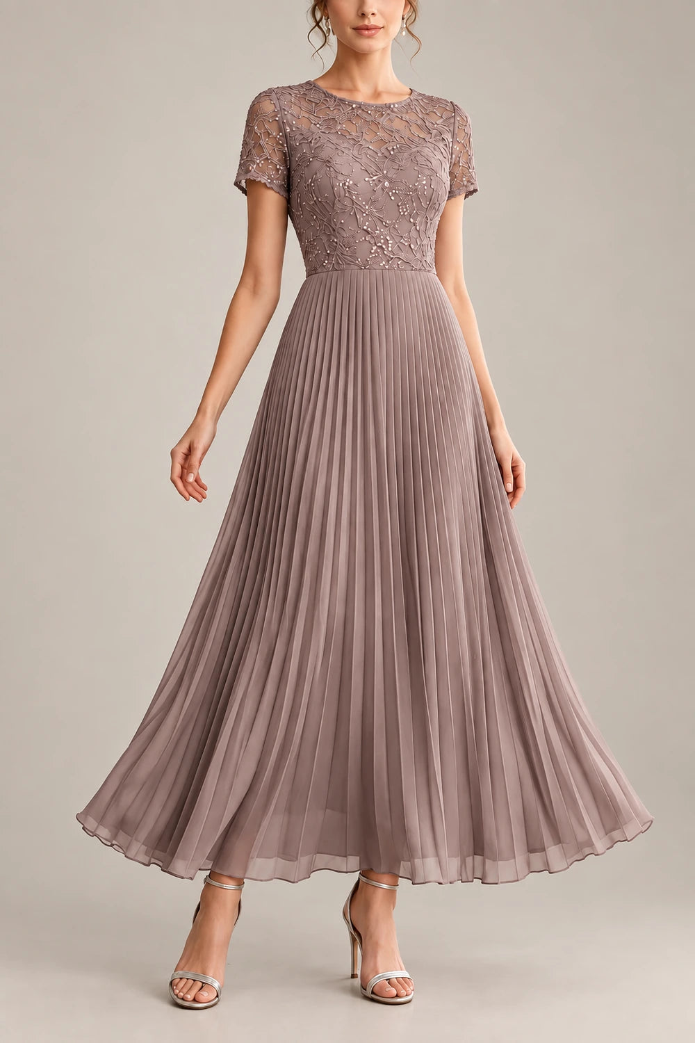 Lace Short Sleeve Pleated Chiffon Tea-Length Dress