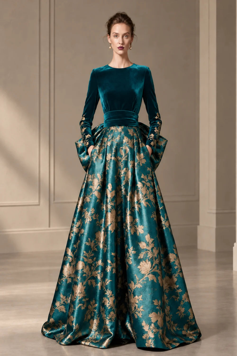 Front view of a teal dress with a dark bodice and a full floral skirt.