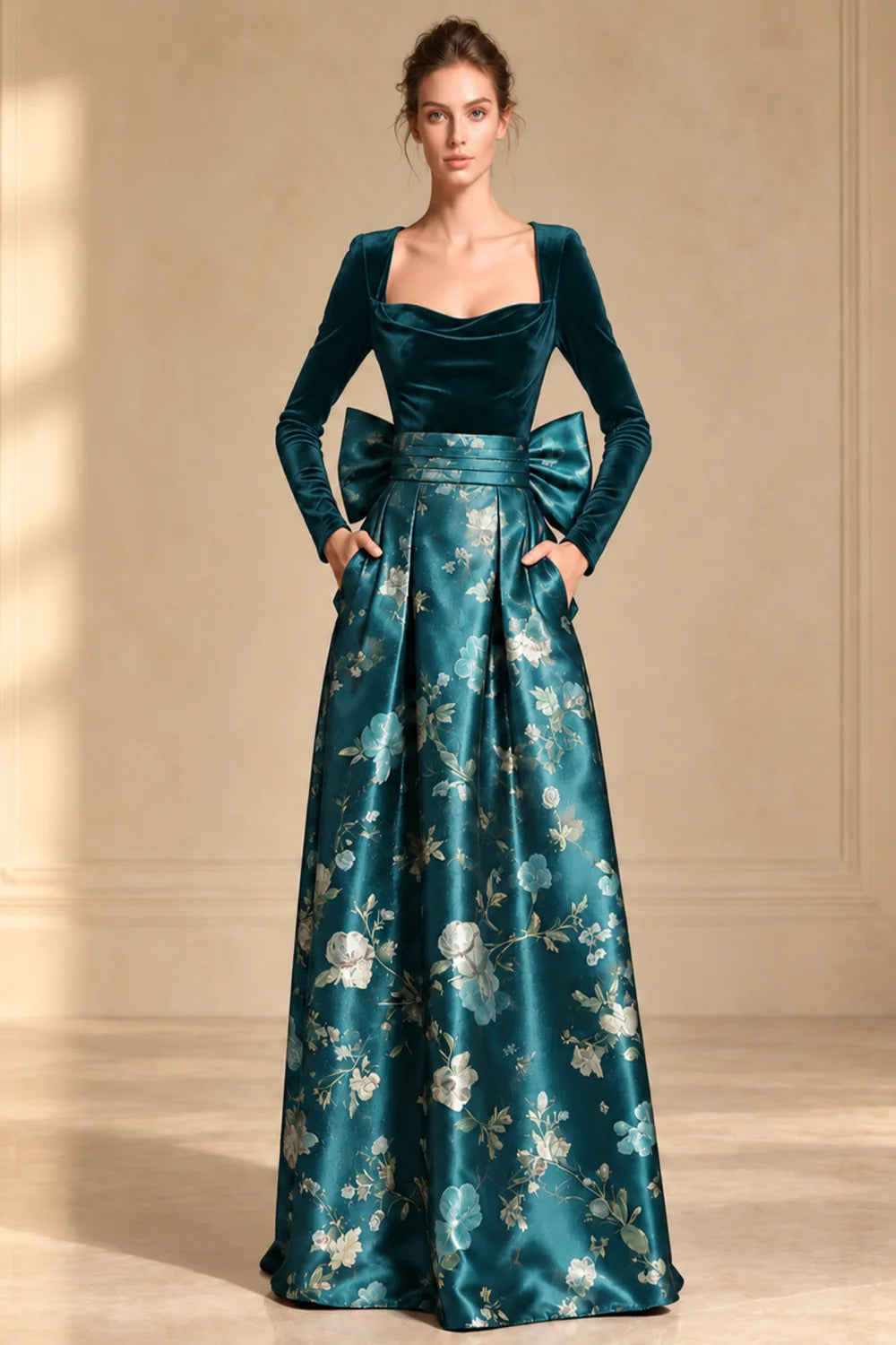 Front view of a teal dress with a dark bodice and full floral skirt.