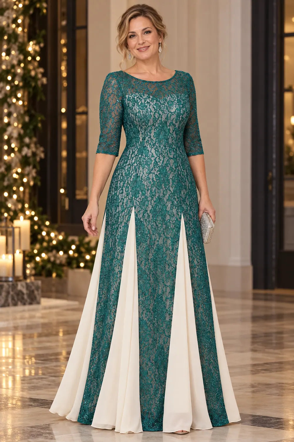 Teal Lace Contrast Panel Mother of the Bride Dress