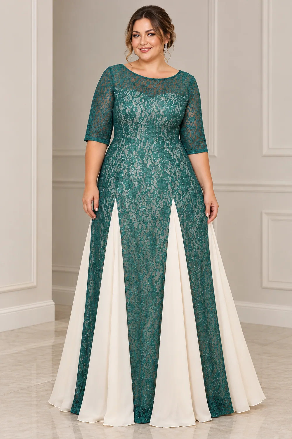 Teal Lace Contrast Panel Mother of the Bride Dress
