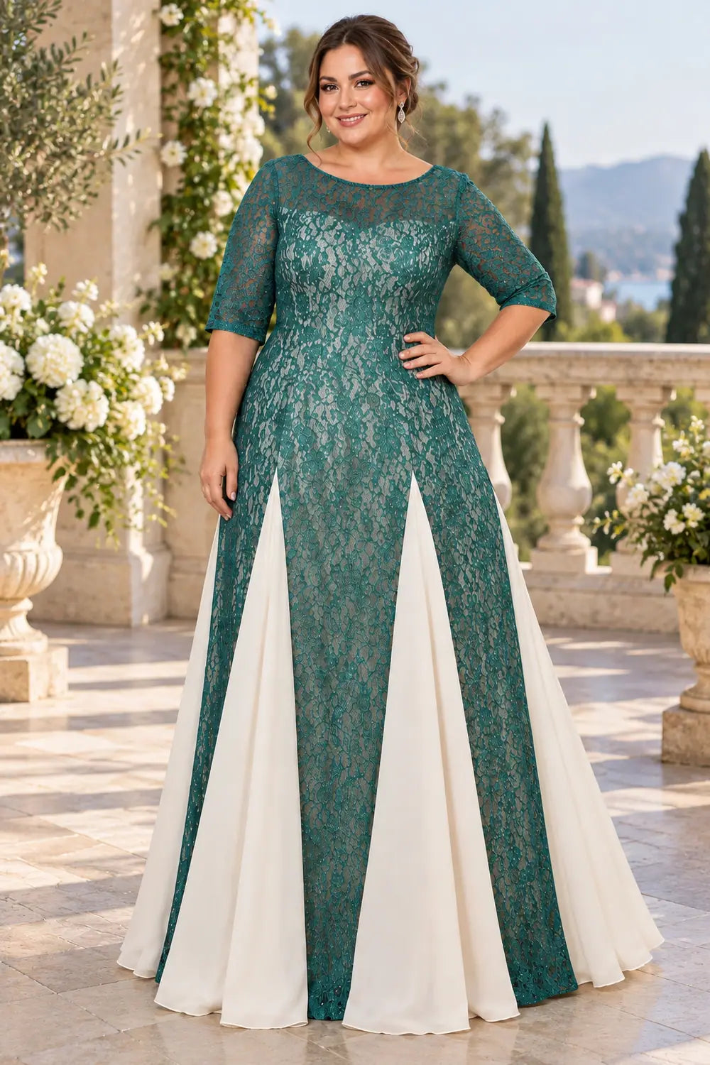 Teal Lace Contrast Panel Mother of the Bride Dress
