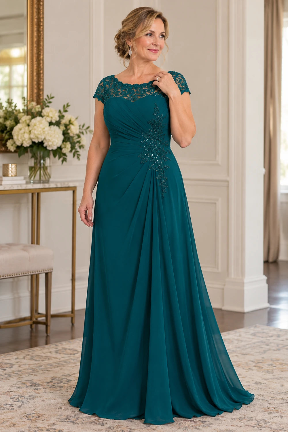 Teal Lace Cap Sleeve Ruched Mother of the Bride Dress