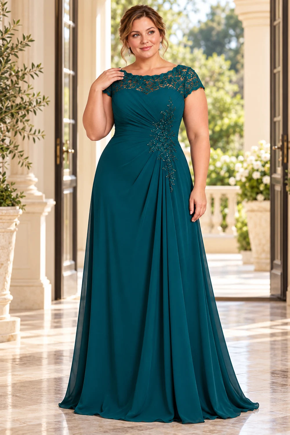 Teal Lace Cap Sleeve Ruched Mother of the Bride Dress