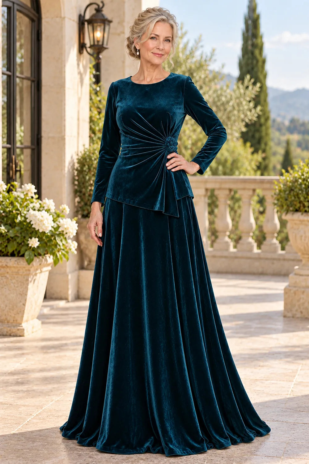 Teal Ruched Side Rosette Mother of the Bride Gown