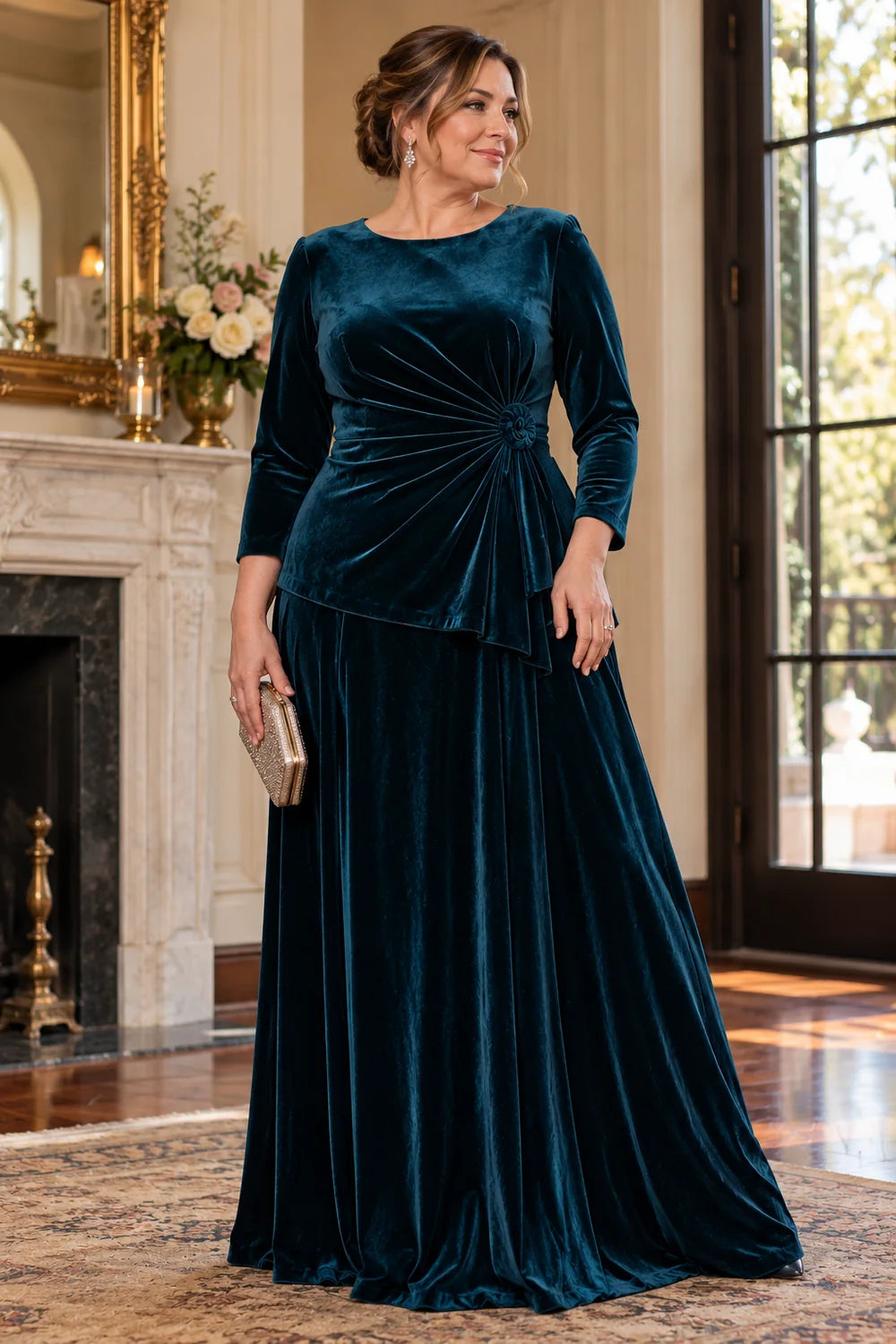 Teal Ruched Side Rosette Mother of the Bride Gown