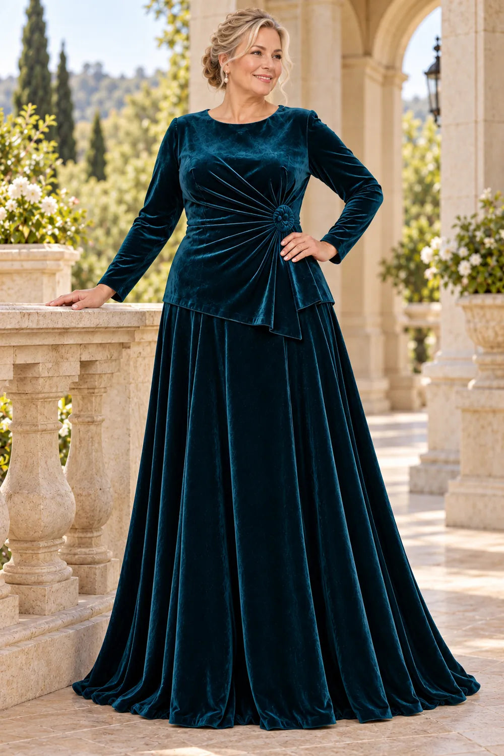 Teal Ruched Side Rosette Mother of the Bride Gown