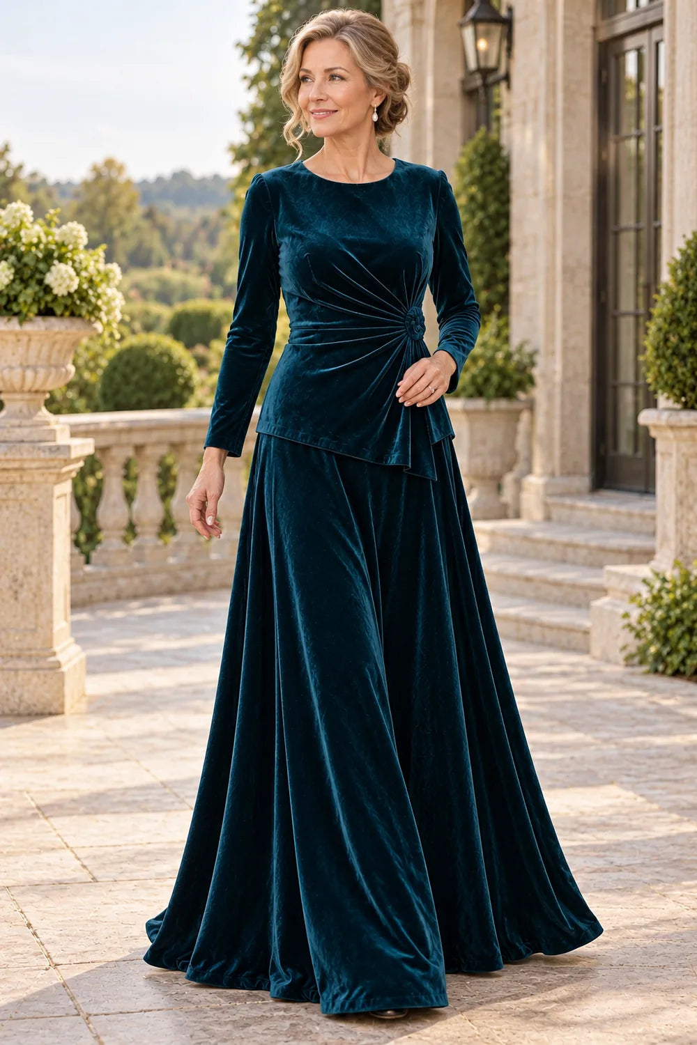 Teal Ruched Side Rosette Mother of the Bride Gown