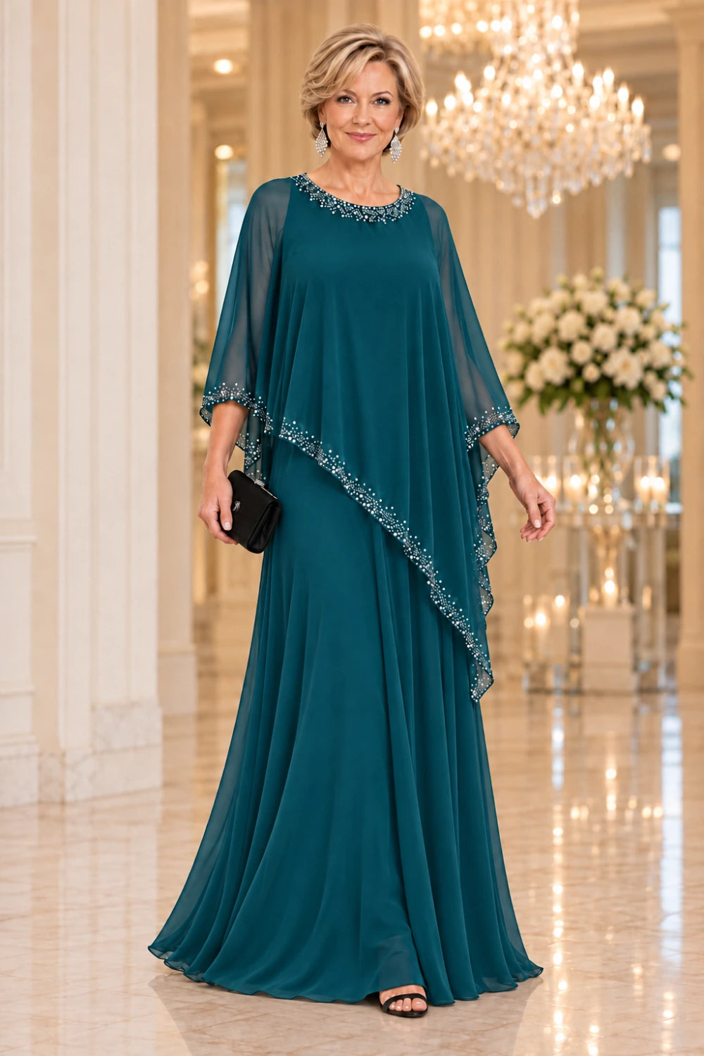 Teal gown with a decorated round neckline, pointed sheer cape and long flared skirt, front view.
