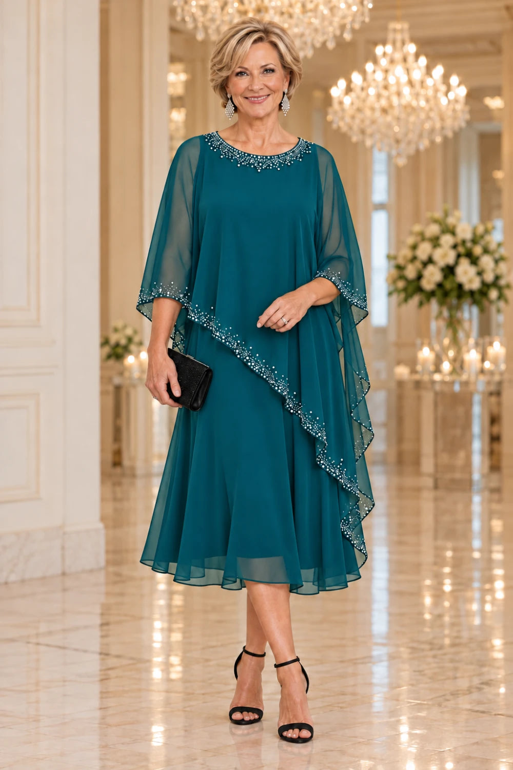 Teal midi dress with bright neckline decoration and a diagonal sheer cape, front view.
