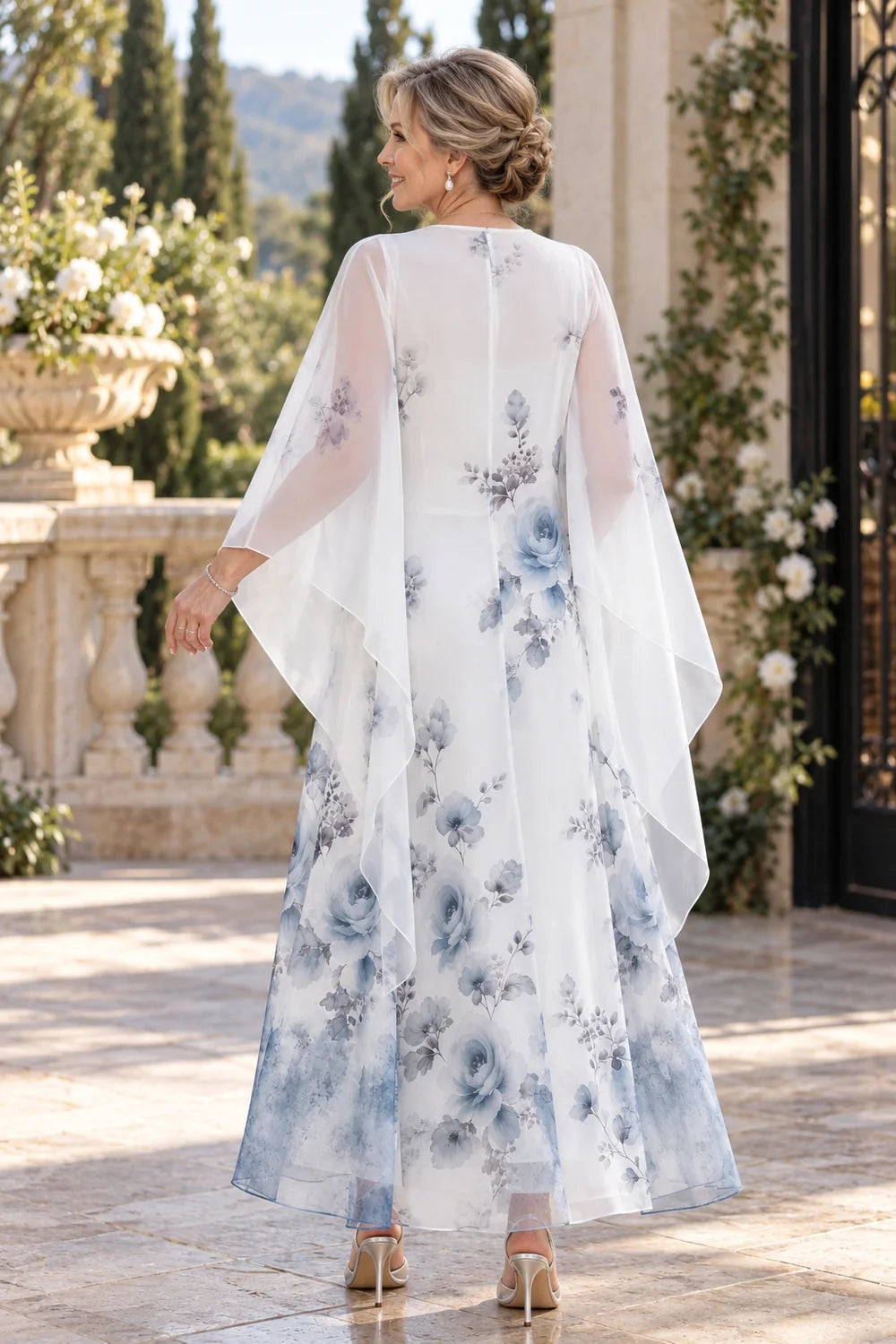 White Blue Floral Long Overlay Mother of the Bride Dress