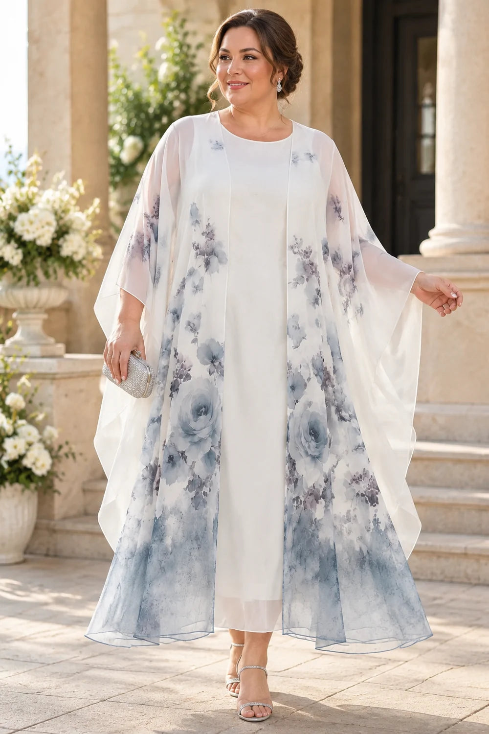 White Blue Floral Long Overlay Mother of the Bride Dress