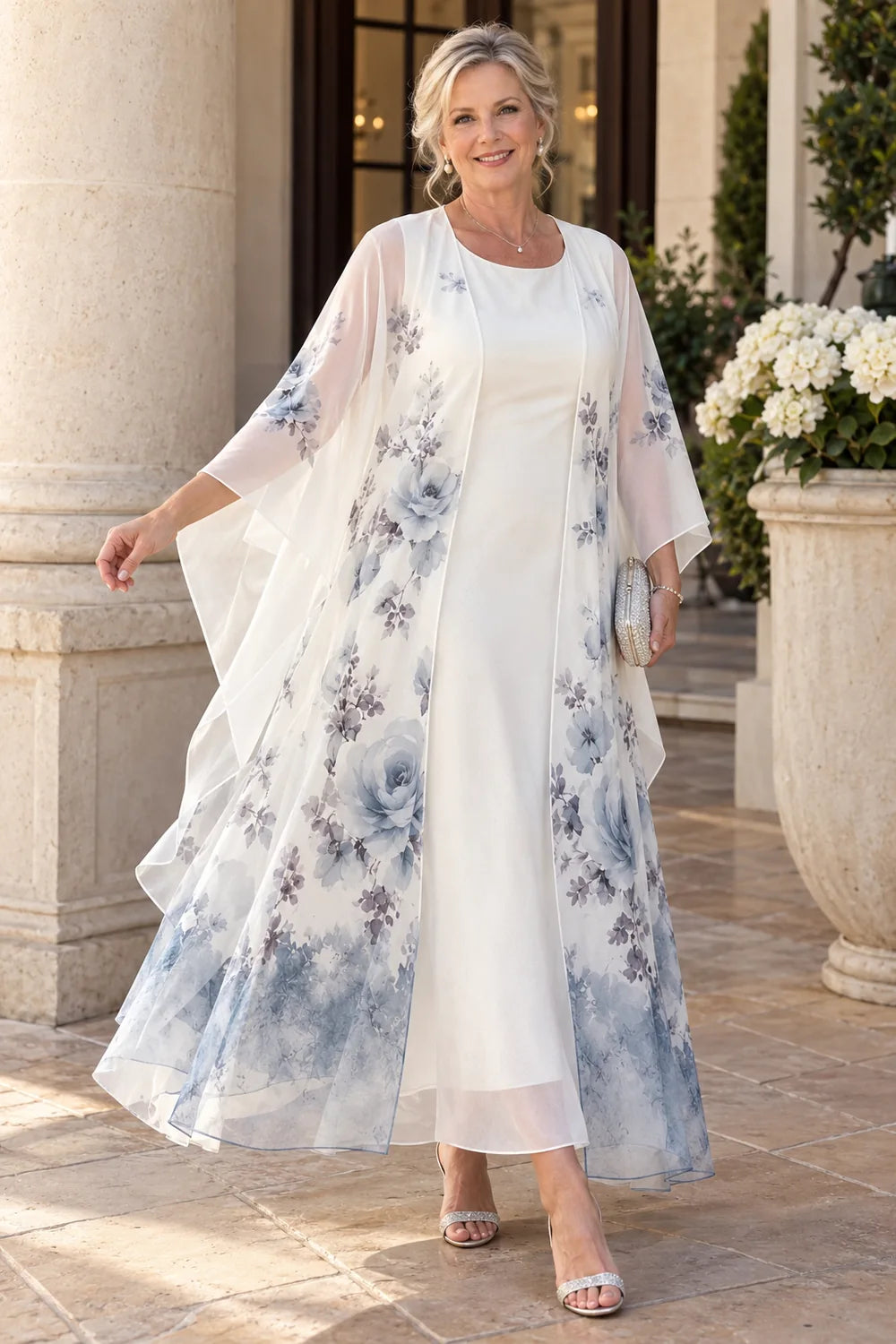 White Blue Floral Long Overlay Mother of the Bride Dress