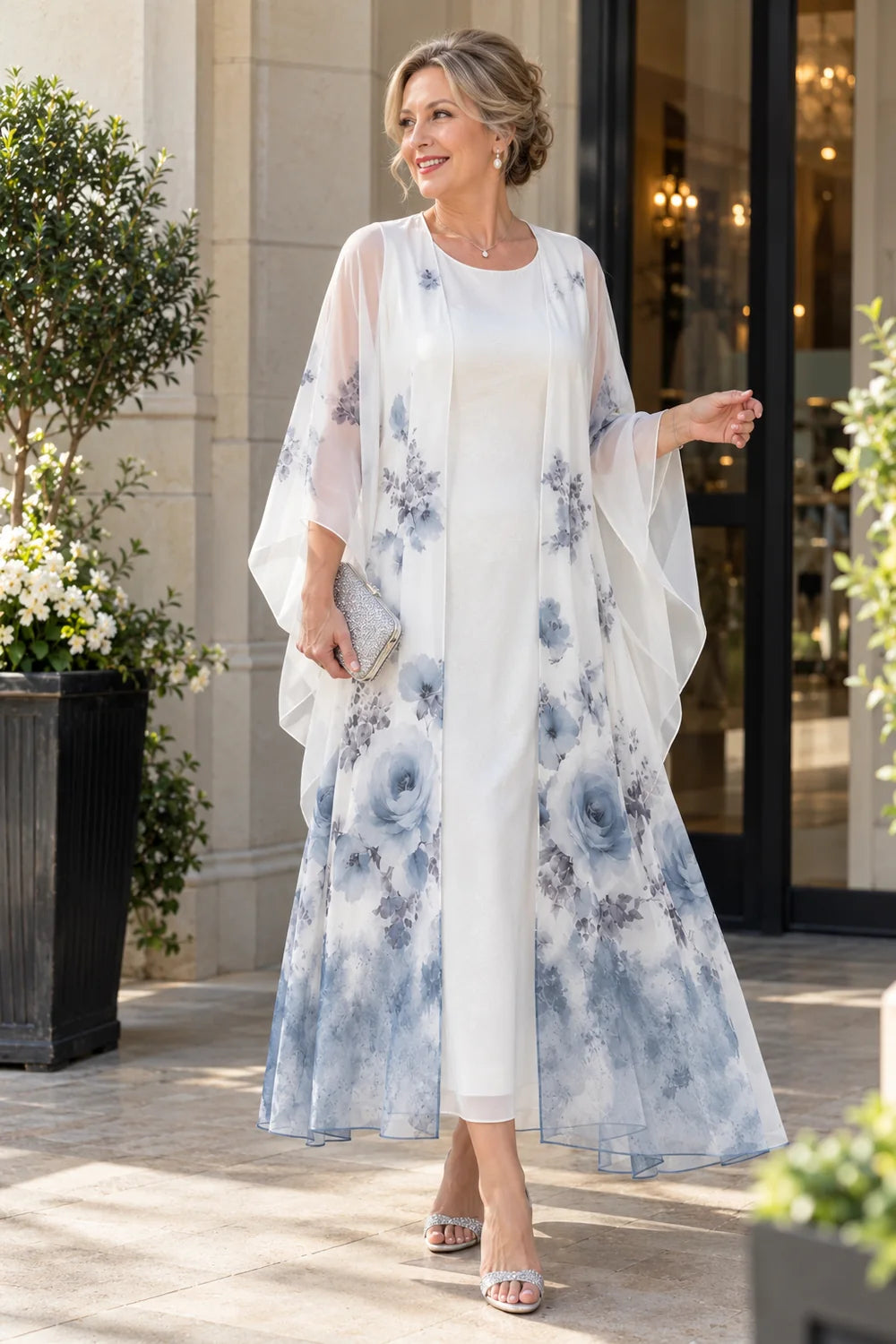 White Blue Floral Long Overlay Mother of the Bride Dress