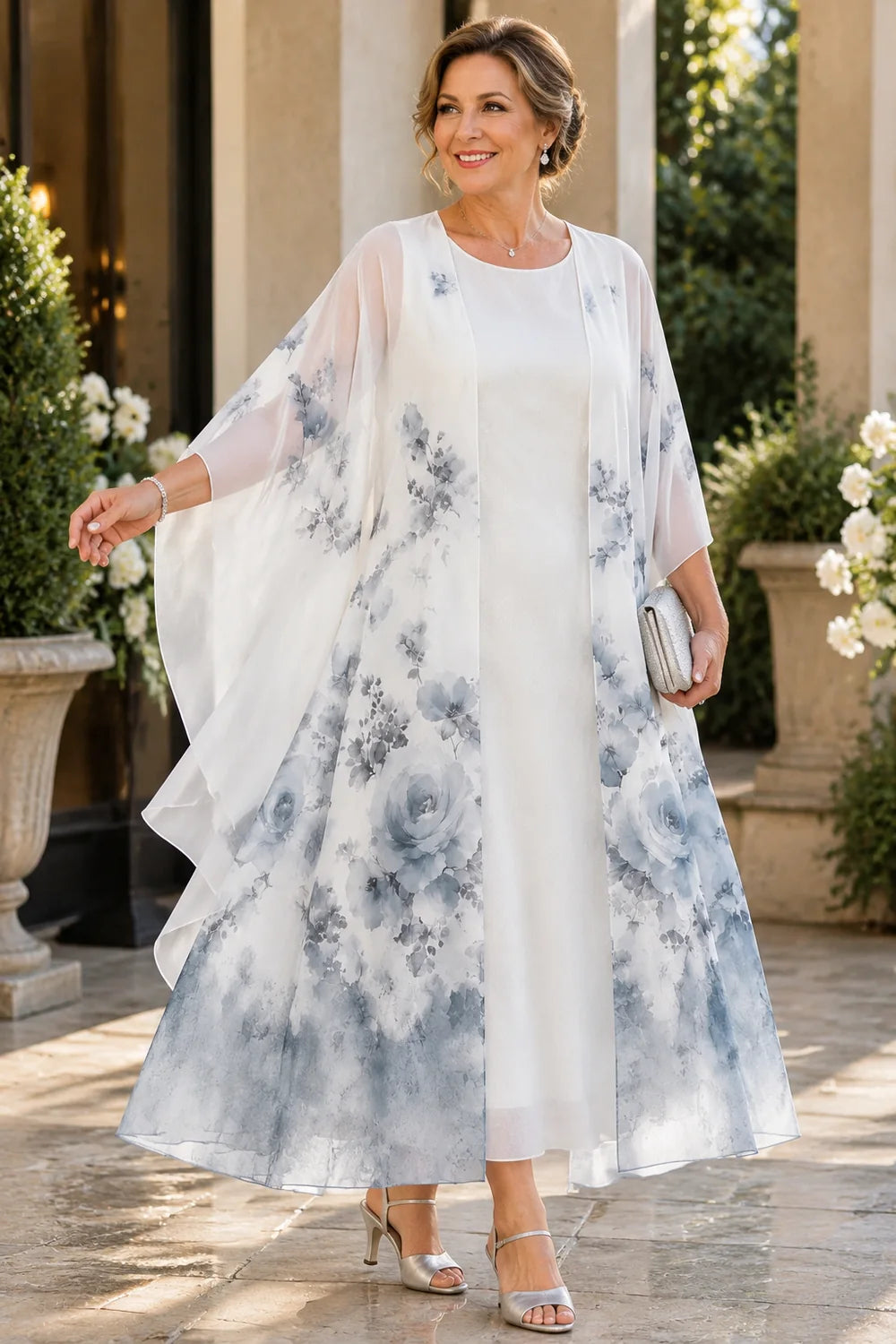White Blue Floral Long Overlay Mother of the Bride Dress