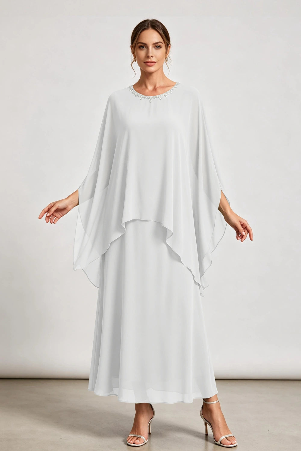 Dusty Sage Beaded Neck Draped Overlay Chiffon Mother of the Bride Dress