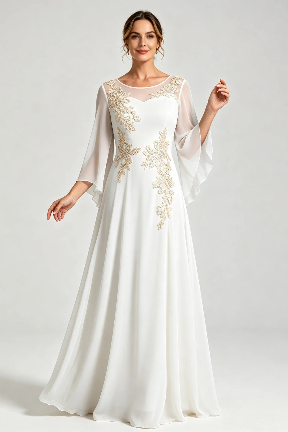 Dusty Blue Lace Applique Sheer Yoke Long Sleeve Chiffon Mother of the Bride Dress