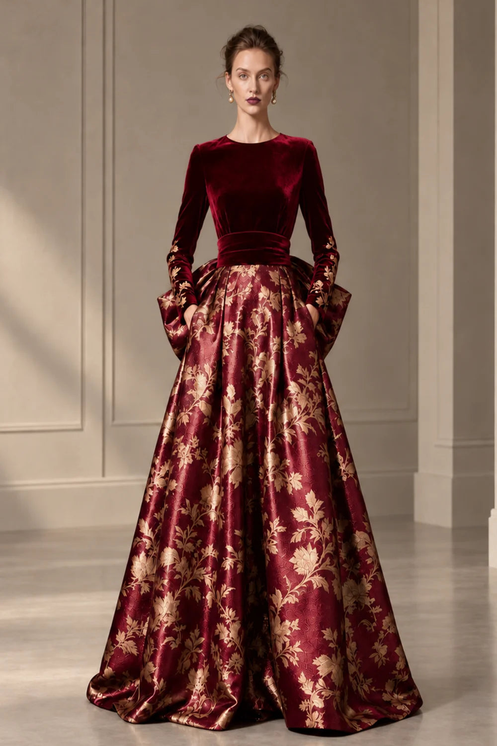 Front view of a wine red dress with a dark bodice and a full floral skirt.
