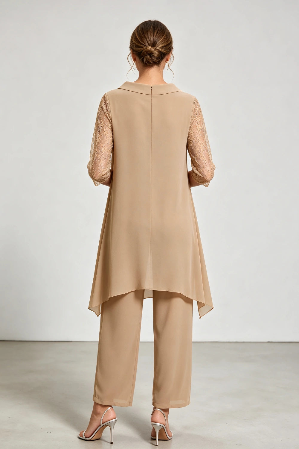 Beige Beaded Neck Lace Sleeve Chiffon Pant Suit
