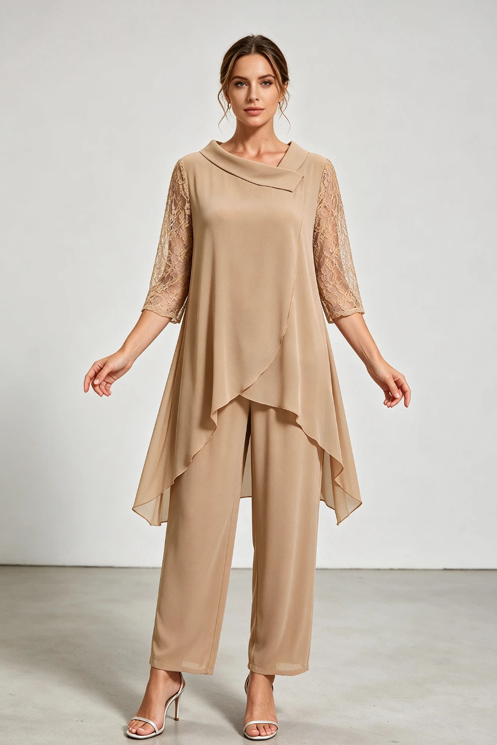 Beige Beaded Neck Lace Sleeve Chiffon Pant Suit