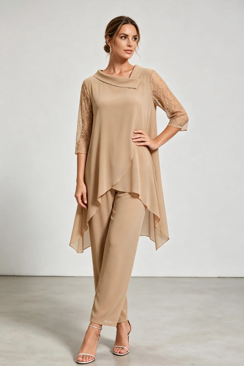 Beige Beaded Neck Lace Sleeve Chiffon Pant Suit