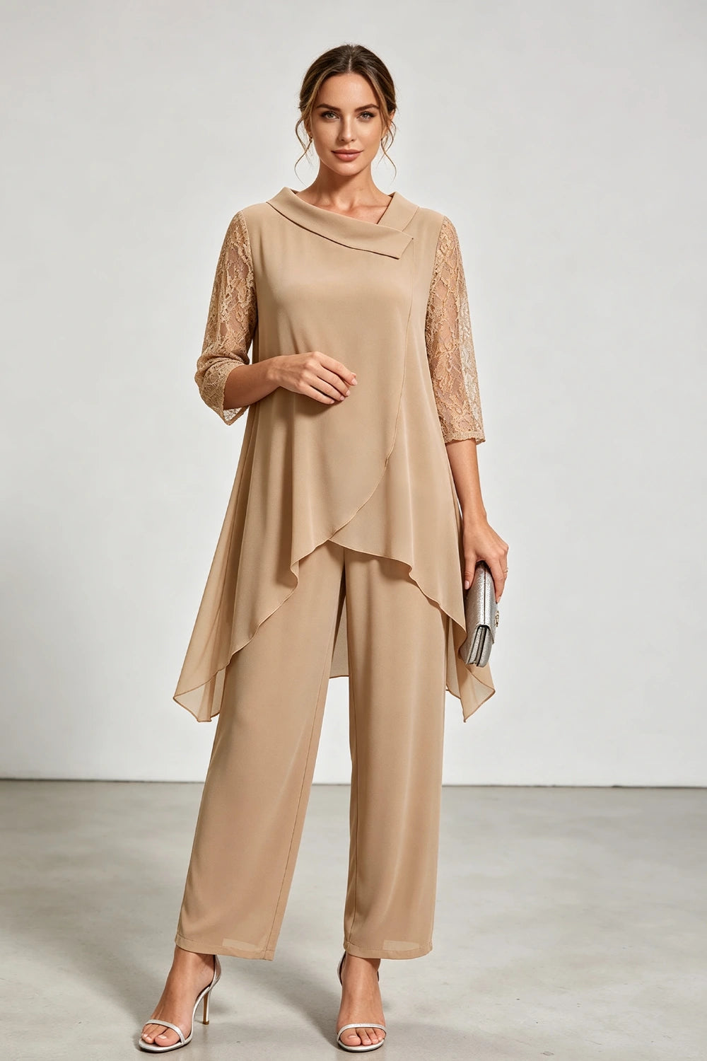 Beige Beaded Neck Lace Sleeve Chiffon Pant Suit