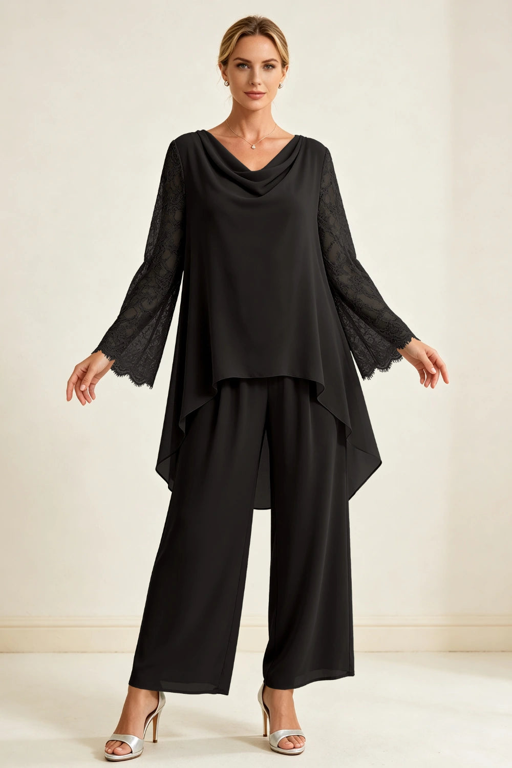 Dusty Sage Beaded Cowl Neck Chiffon Pant Suit