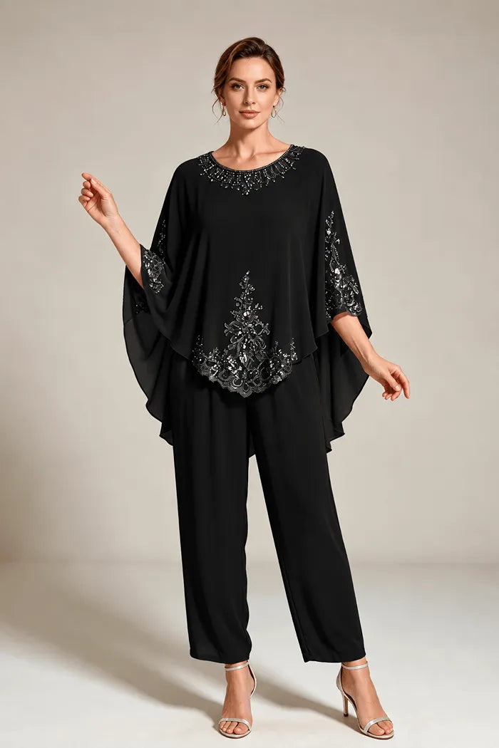 Beige Beaded-Lace Cape-Sleeve Chiffon Pant Suit