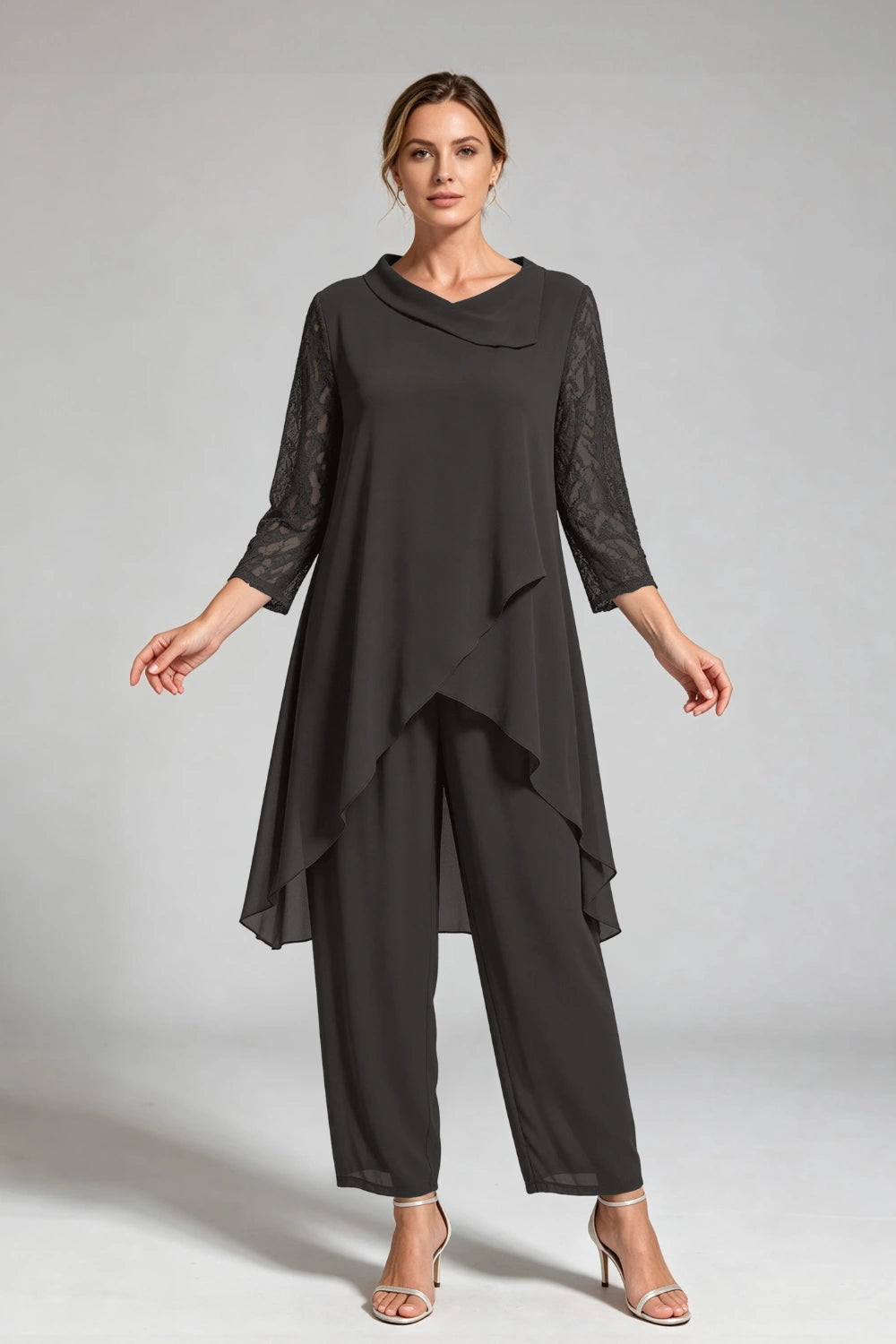 Peacock Blue Cowl Neck Lace Sleeve Chiffon Pant Suit