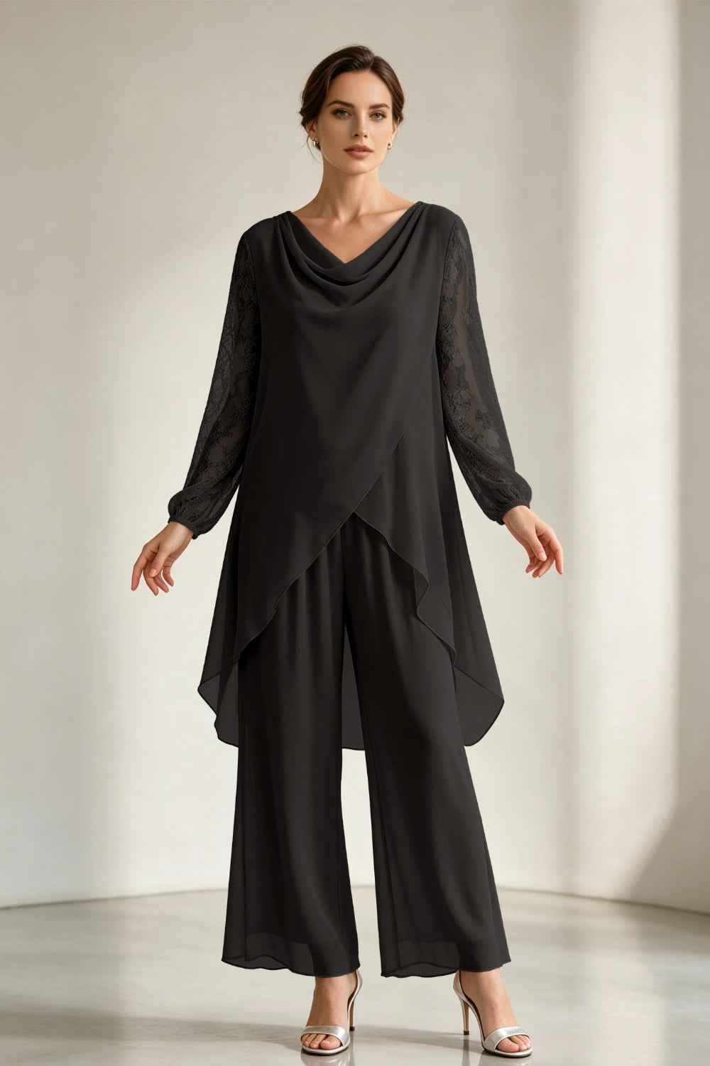 Champagne Draped Cowl Neck Chiffon Pant Suit