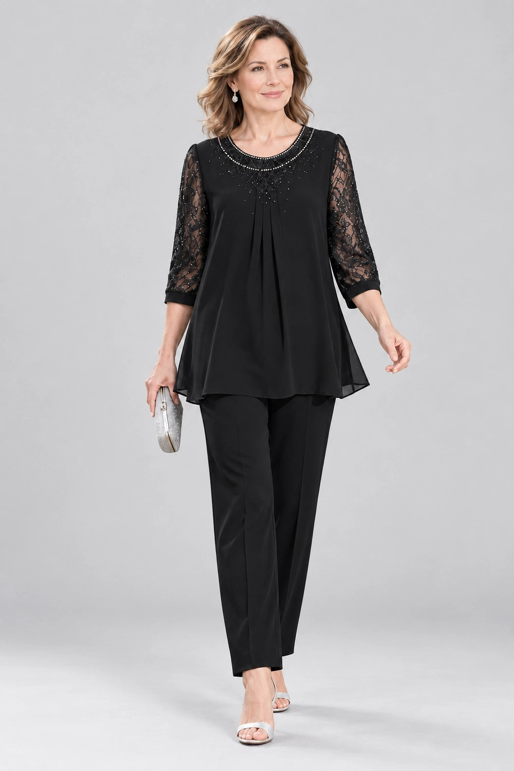 Beaded-Neck Lace-Sleeve Chiffon Pant Suit