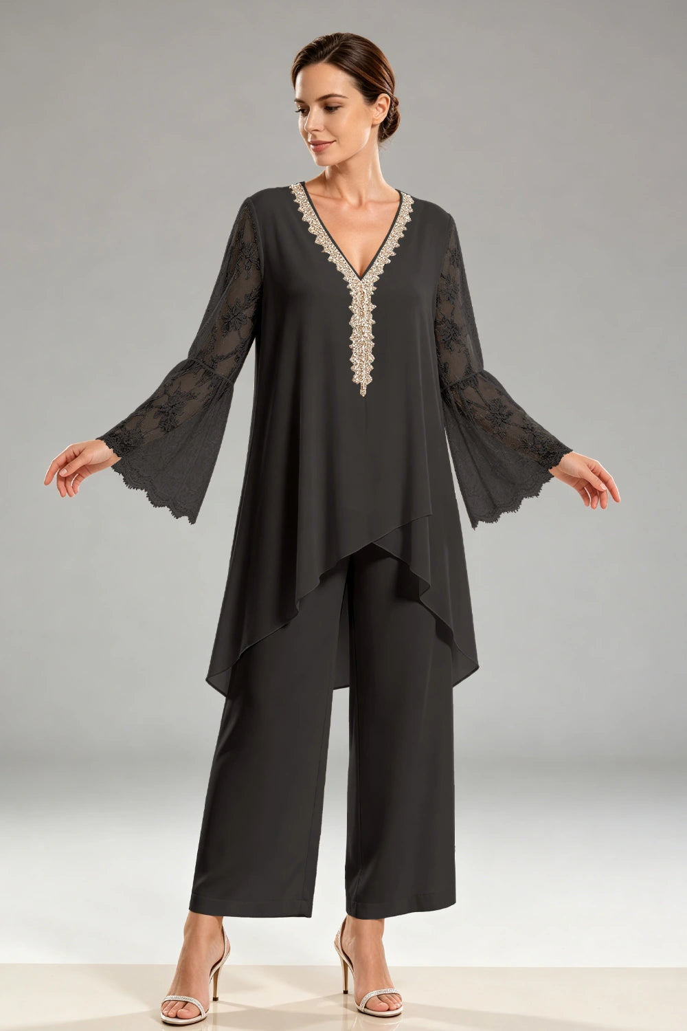 Ivory Beaded Lace V Neck Chiffon Pant Suit