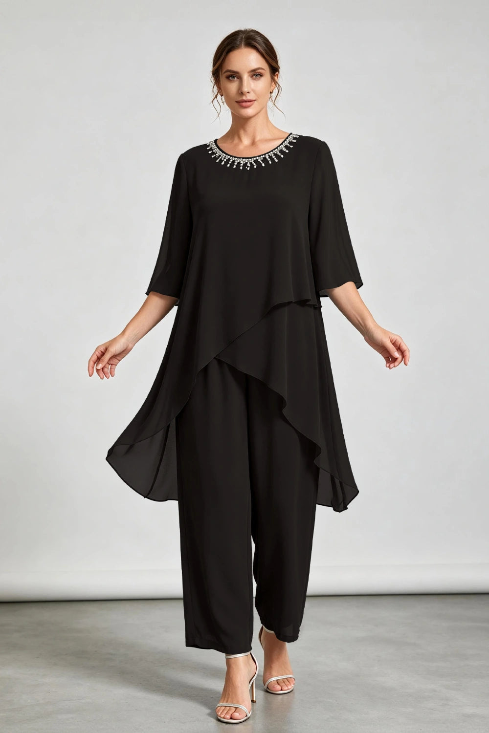 Peacock Blue Asymmetric Ruffle Chiffon Pant Suit