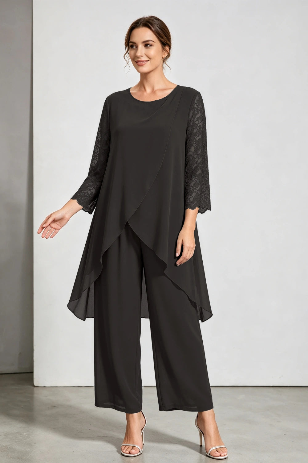 Peacock Blue Scoop Neck Tiered Chiffon Pant Suit