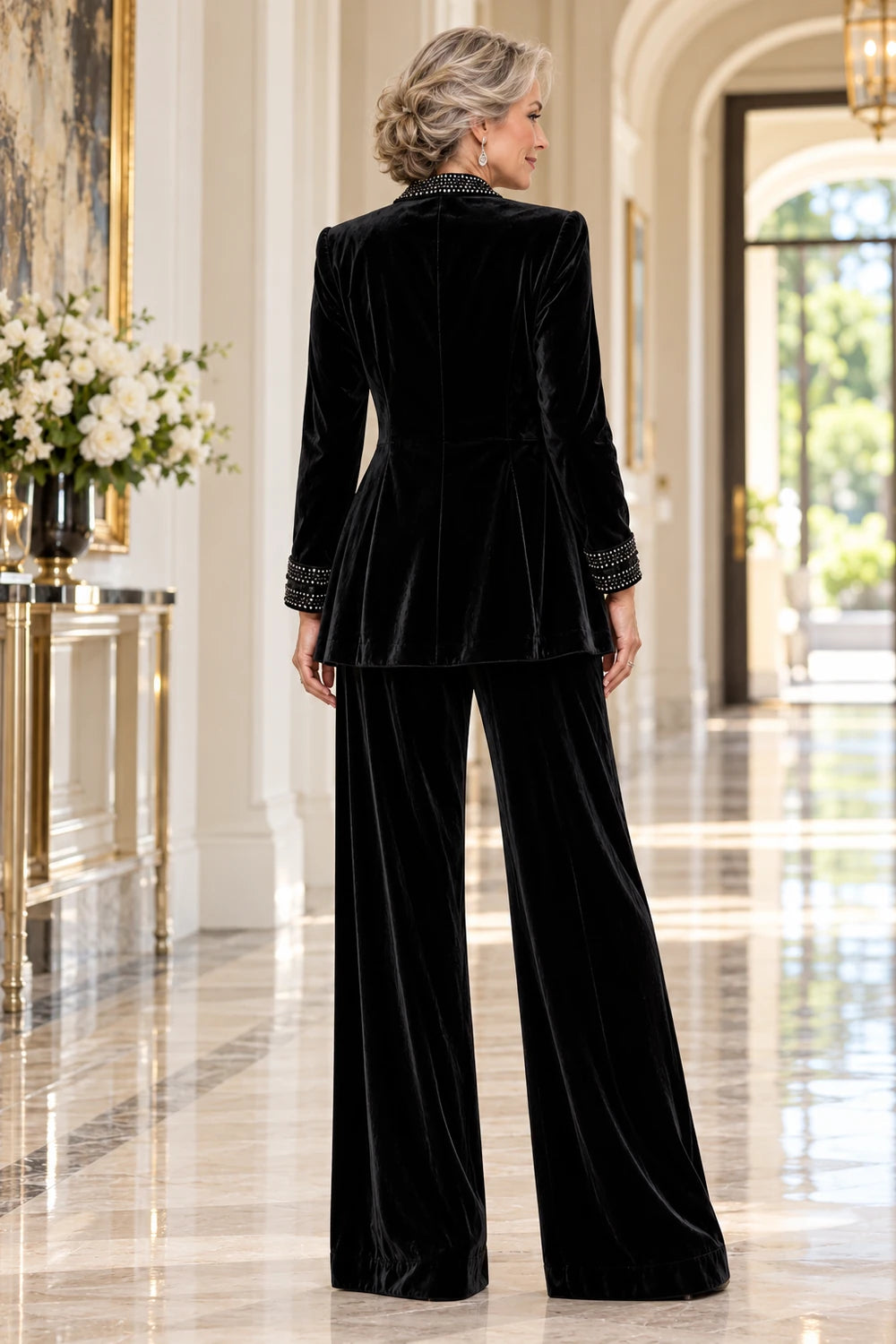 Black Trimmed Velvet Three-Piece Mother of the Bride Pant Suit