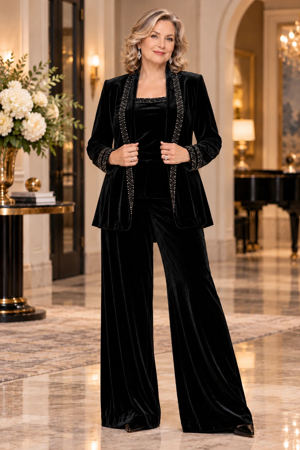 Black Trimmed Velvet Three-Piece Mother of the Bride Pant Suit