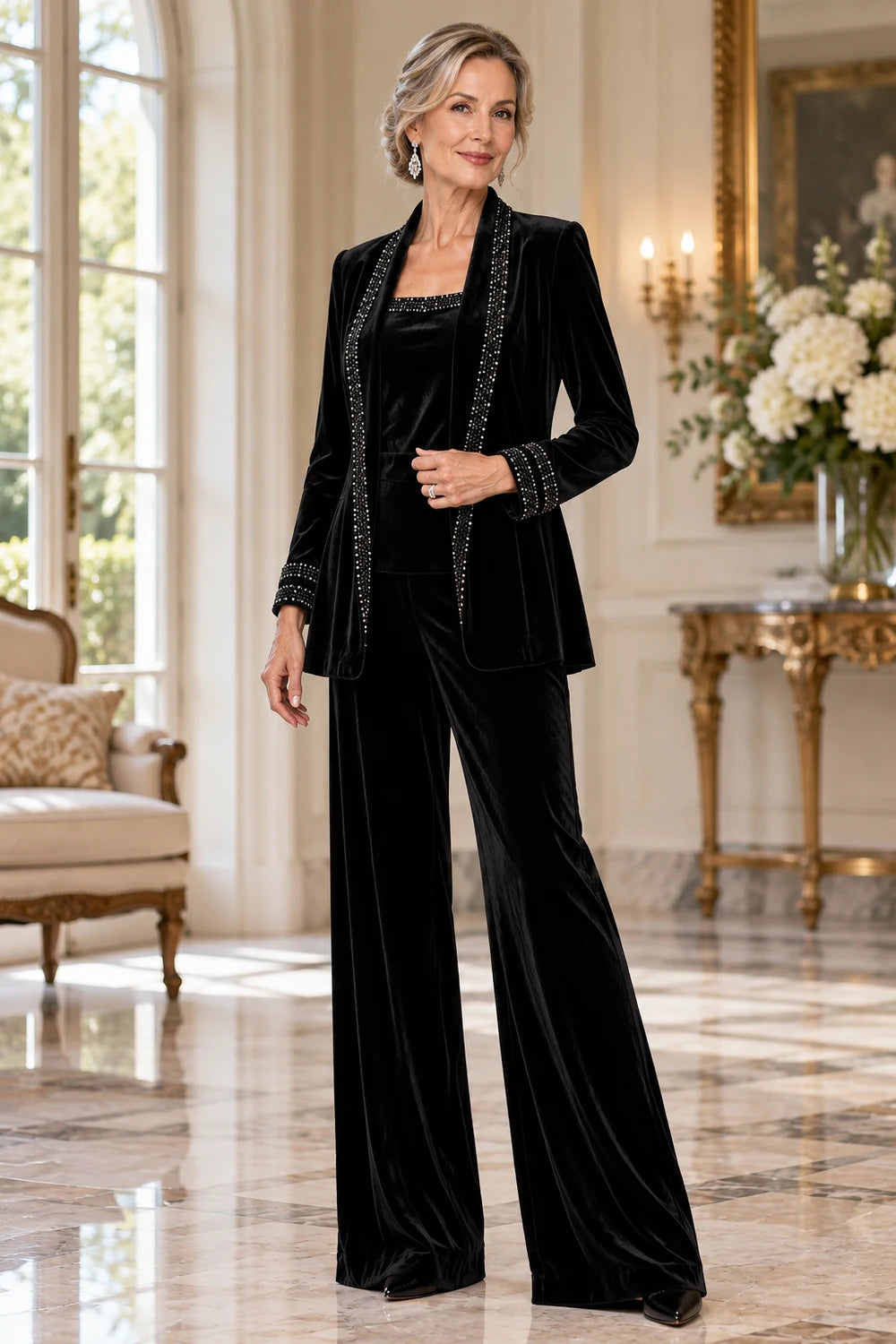 Black Trimmed Velvet Three-Piece Mother of the Bride Pant Suit