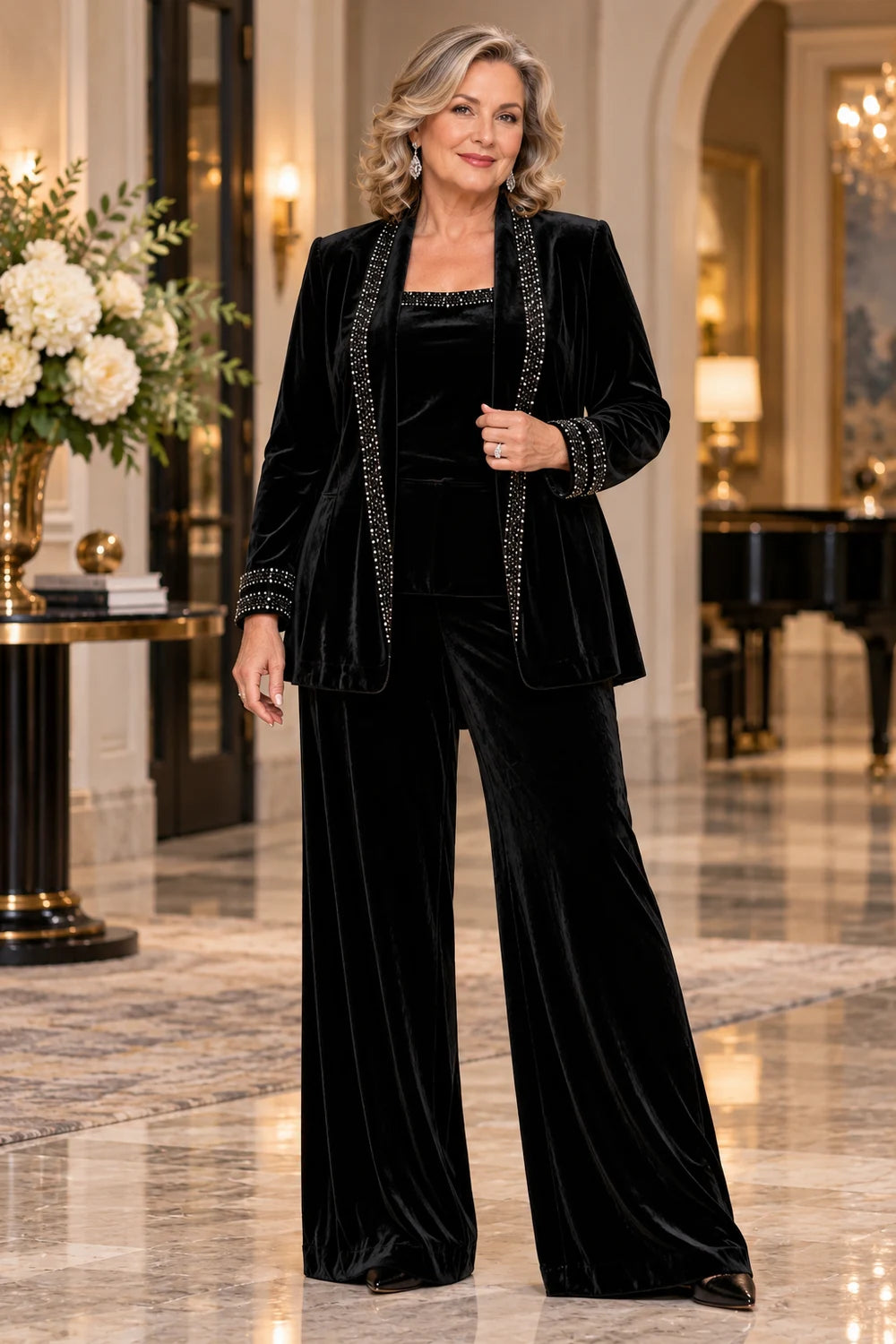 Black Trimmed Velvet Three-Piece Mother of the Bride Pant Suit