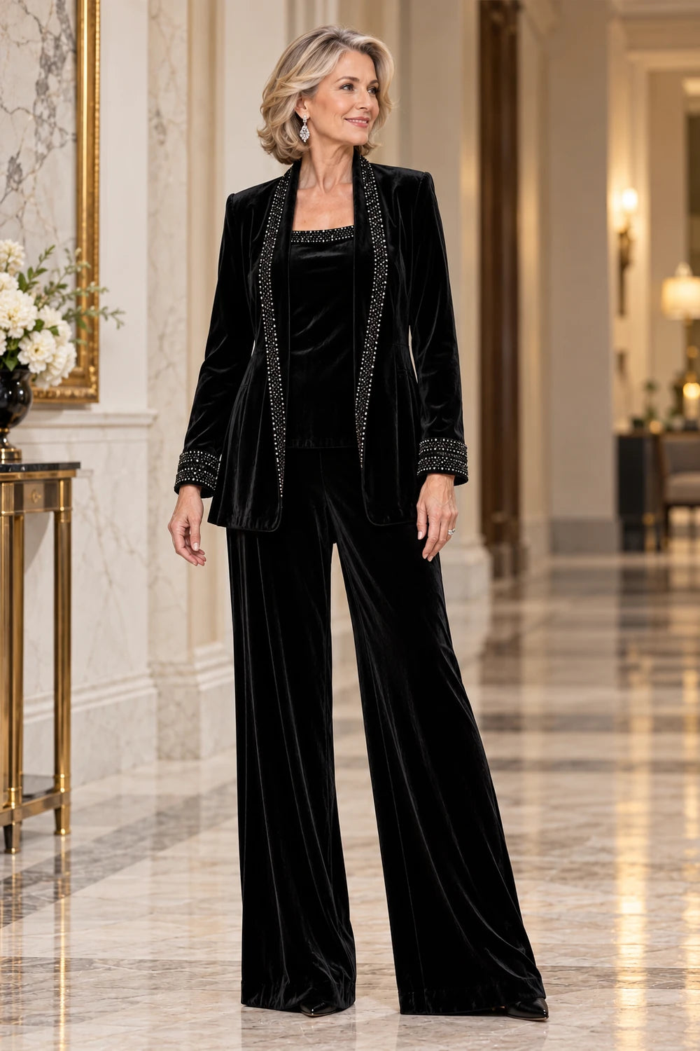 Black Trimmed Velvet Three-Piece Mother of the Bride Pant Suit