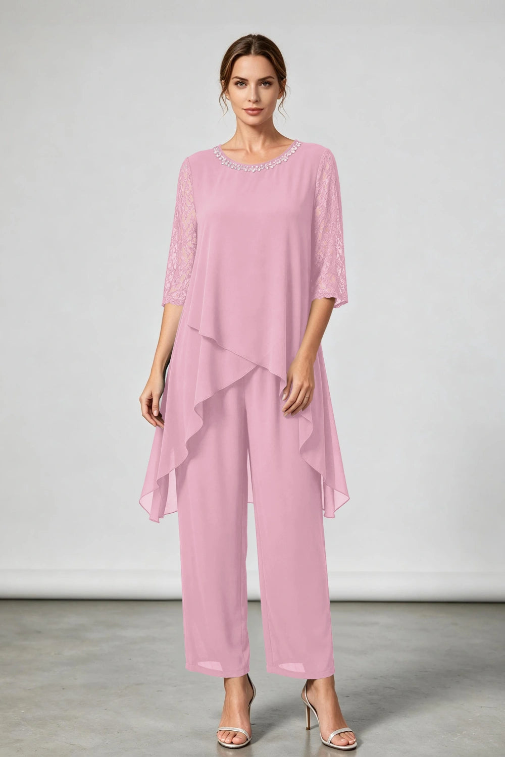 Peacock Blue Beaded-Neck Tiered Chiffon Pant Suit