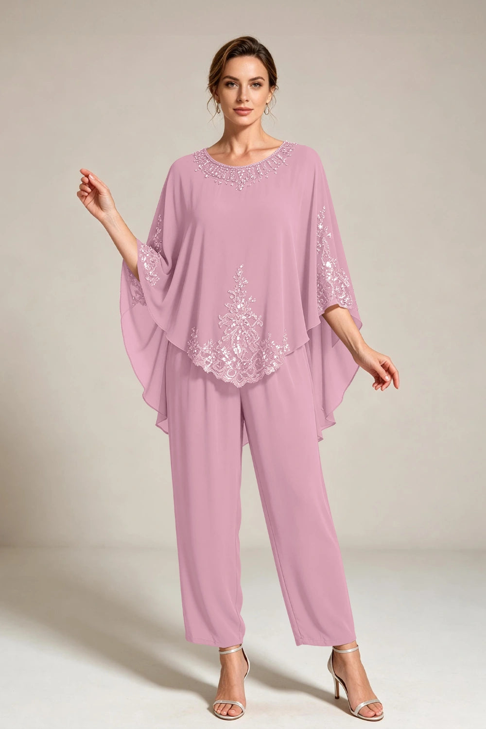 Beige Beaded-Lace Cape-Sleeve Chiffon Pant Suit