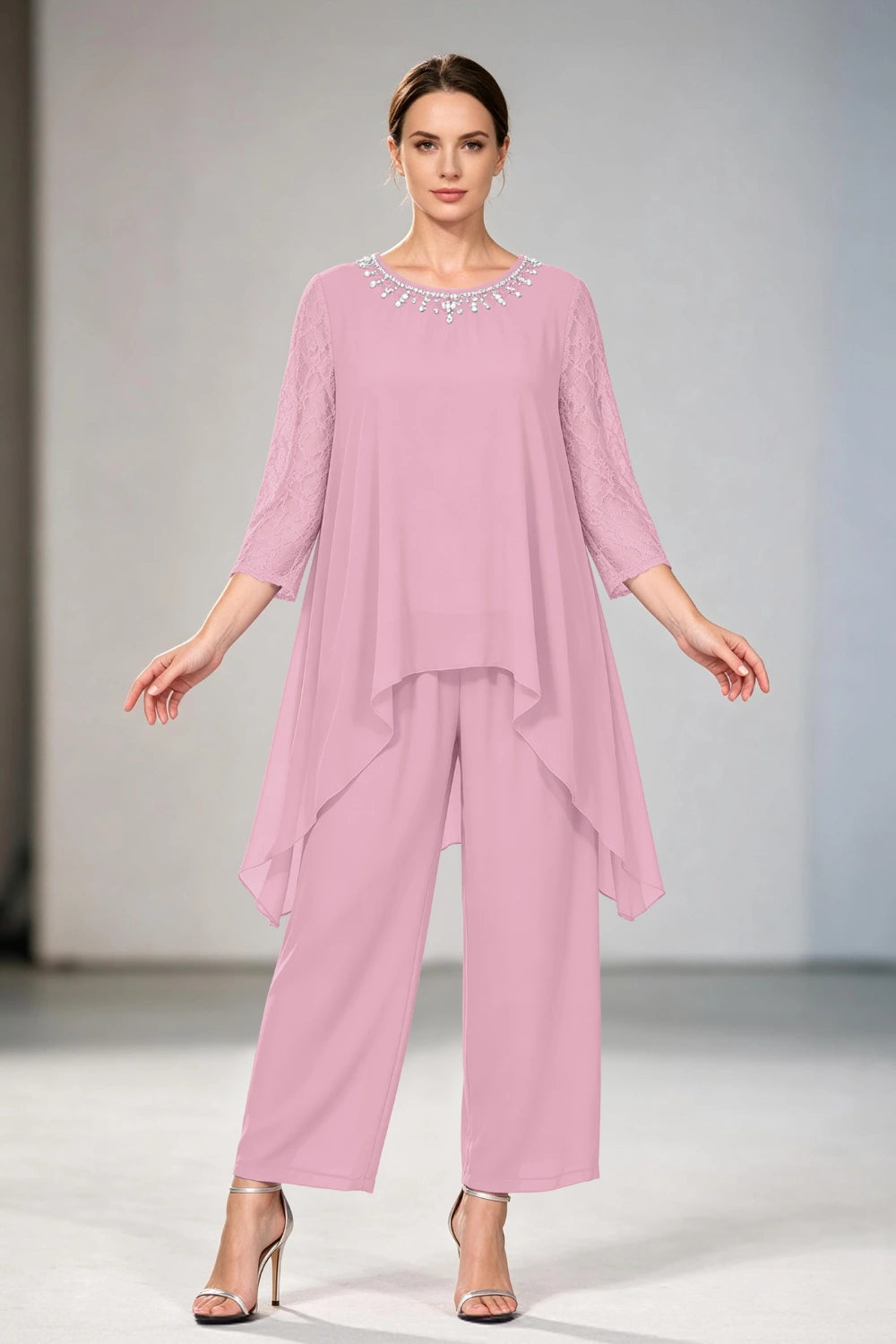 Dusty Lavender Lace-Sleeve Handkerchief-Hem Chiffon Pant Suit