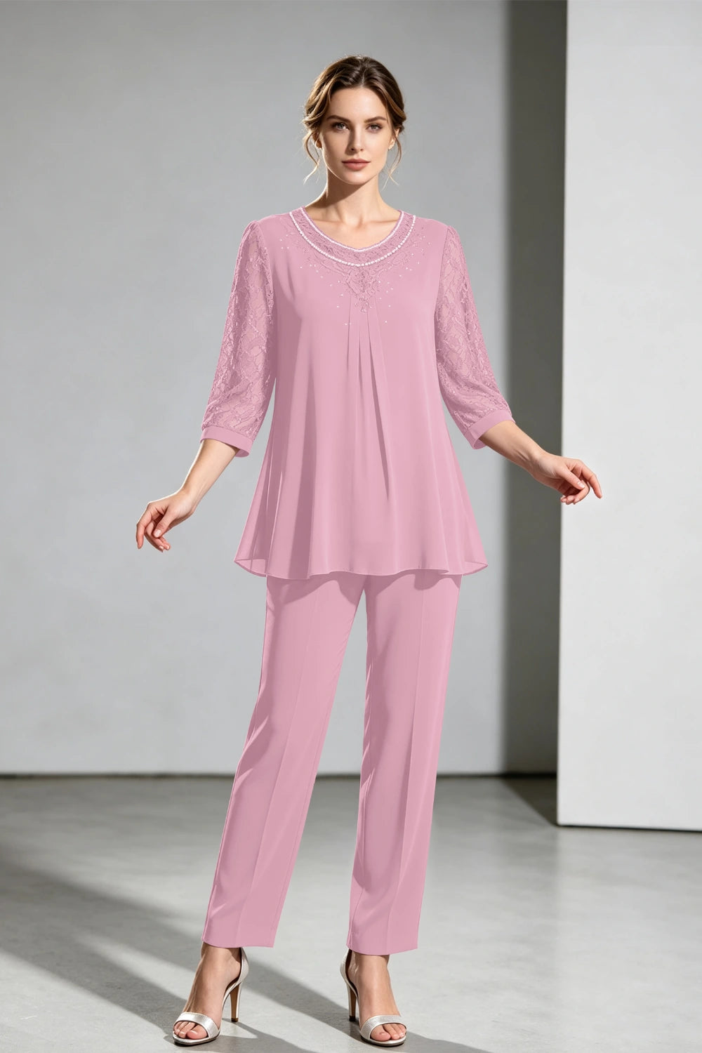 Navy Beaded-Neck Lace-Sleeve Chiffon Pant Suit